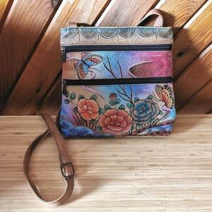 Anuschka “Butterflies & Roses” Hand-Painted Leather Crossbody Bag